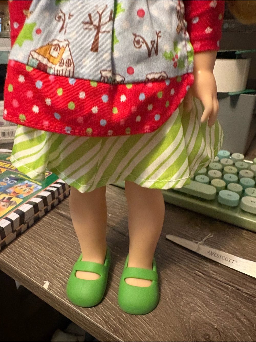 American Girl Wellie wisher doll with red green dress and lime shoes. - Picture 4 of 9